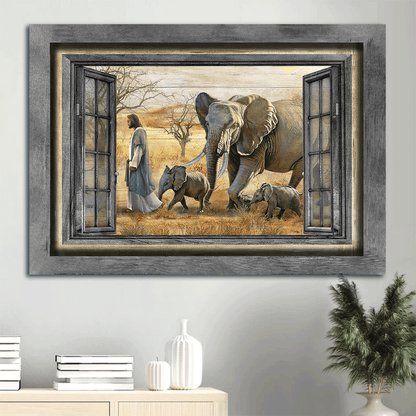 Jesus Landscape Canvas - Walking With Jesus, Elephant Painting, Yellow Meadow Canvas - Gift For Christian
