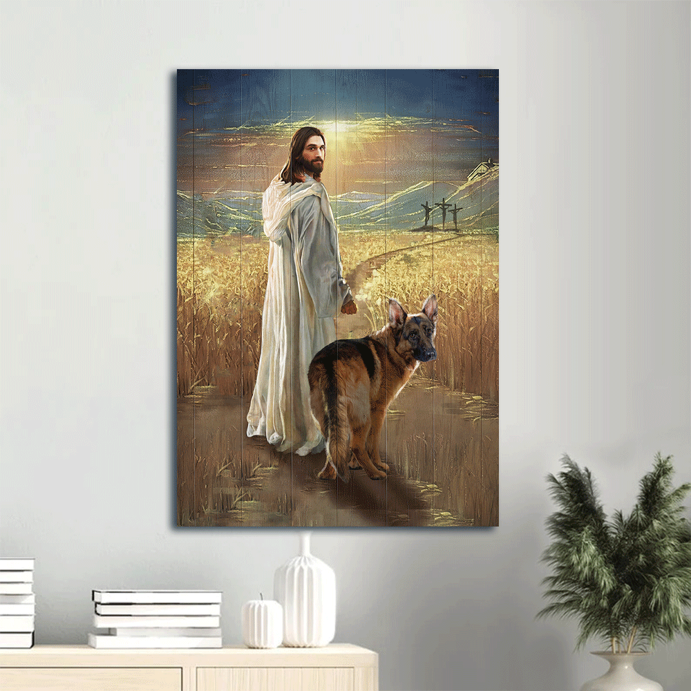 Jesus And German Shepherd Dog Portrait Canvas - Walking With Jesus, Rice Field, German Shepherd, Sunny Day Canvas - Gift For Christian, Dog Lovers