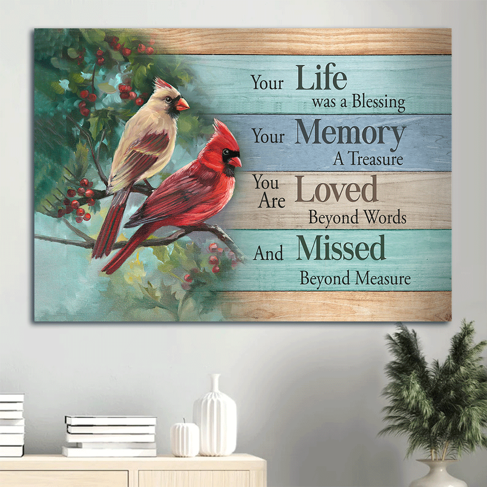 Memorial Landscape Canvas - Heaven, Watercolor Cardinal, Cranberry Tree, Nature Artwork Memorial Canvas - Memorial Gift For Member Family - Your Life Was A Blessing