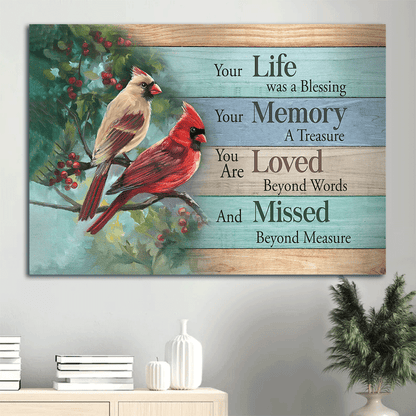 Memorial Landscape Canvas - Heaven, Watercolor Cardinal, Cranberry Tree, Nature Artwork Memorial Canvas - Memorial Gift For Member Family - Your Life Was A Blessing