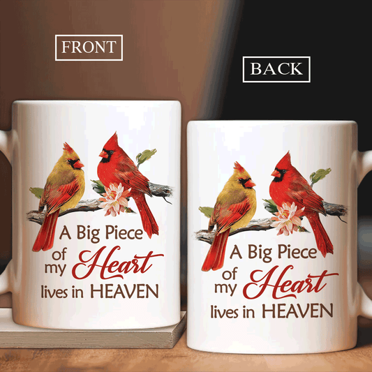 Memorial White Mug - Watercolor cardinal, Light pink flower - Gift for members family - A big piece of my heart lives in heaven - Heaven White Mug.