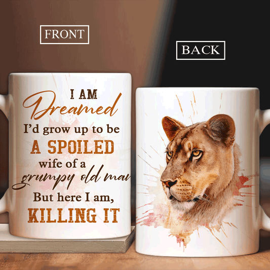 Couple White Mug - Watercolor lion Mug - Gift for couple, lover - I'd grow up to be a spoiled wife of a grumpy old man White Mug