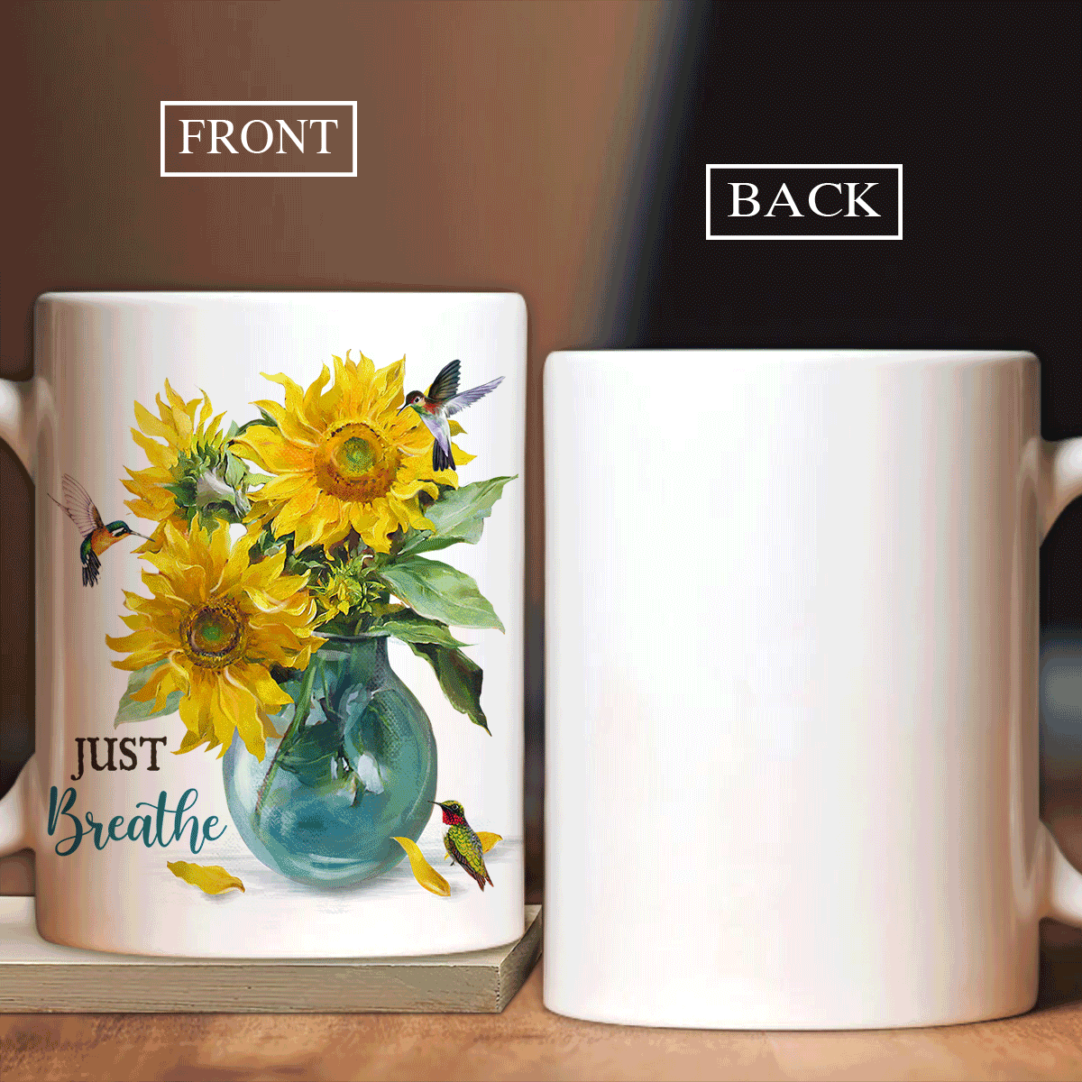 Jesus White Mug- Watercolor sunflower, Blue crystal vase, Colorful hummingbird- Gift for Christian- Just breathe - White Mug
