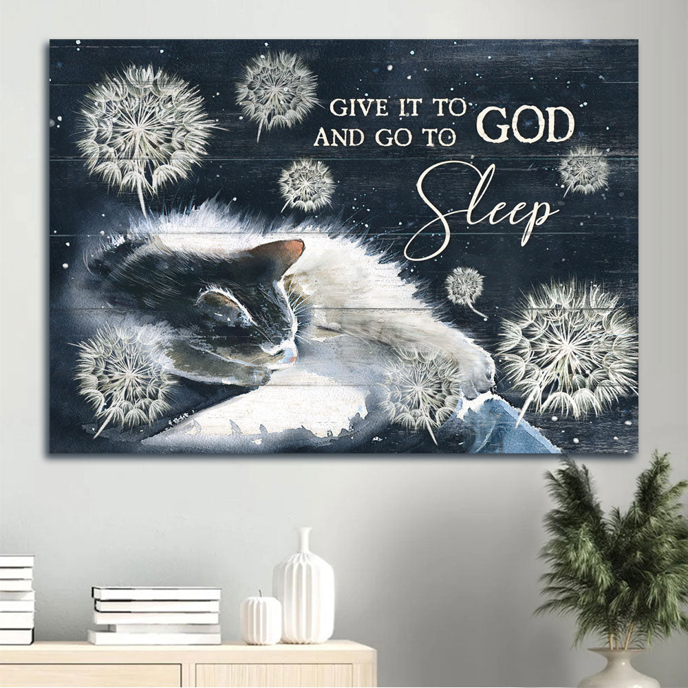 Jesus And Cat Landscape Canvas - White Cat Painting, Dandelion Drawing, Night Sky Canvas - Gift For Christian, Cat Lovers - Give It To God And Go To Sleep
