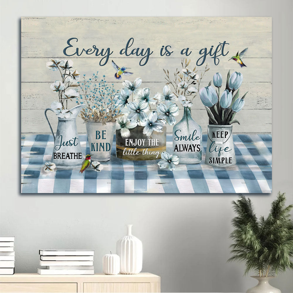 Jesus Landscape Canvas - White Cotton Flower, Blue Tulip, Colorful Hummingbird Canvas - Gift For Christian - Every Day Is A Gift Canvas