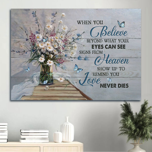 Heaven Landscape Canvas - White Daisy Drawing, Pink Flower, Beautiful Butterfly Memorial Canvas - Memorial Gift For Member Family - Signs From Heaven Show Up To Remind You Love Never Dies