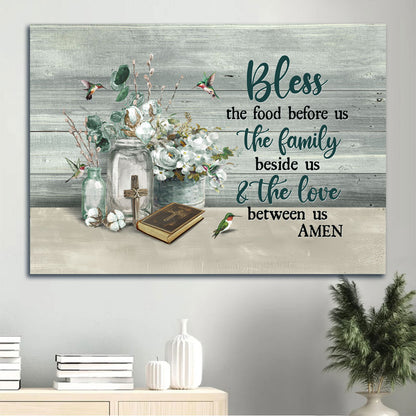 Jesus Landscape Canvas - White Flower, Vintage Bible, Colorful Hummingbird Canvas - Gift For Christian - Bless The Food Before Us Canvas