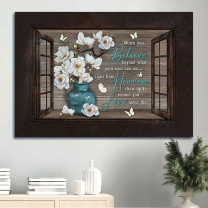Heaven Landscape Canvas - White Flower, White Butterfly, Window Frame Memorial Canvas - Memorial Gift For Member Family - Love Never Dies Canvas