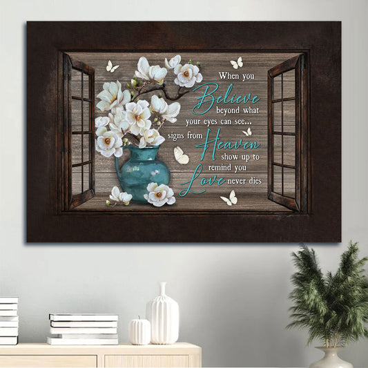 Heaven Landscape Canvas - White Flower, White Butterfly, Window Frame Memorial Canvas - Memorial Gift For Member Family - Love Never Dies Canvas