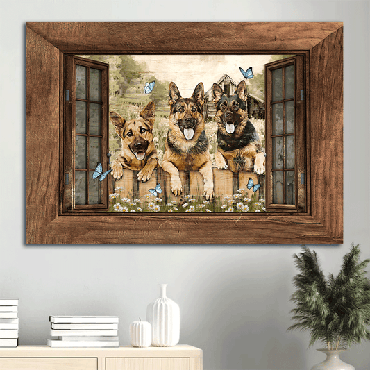 German shepherd Landscape Canvas- Smiling dog, Flower field, Blue butterfly- Gift for dog- lover Why hello there - Dog Landscape Canvas Prints, Wall Art