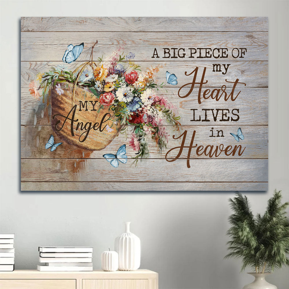 Heaven Landscape Canvas - Wild Flower Basket, Vintage Painting, Butterfly, Memorial Canvas - Memorial Gift For Member Family - A Big Piece Of My Heart Lives In Heaven