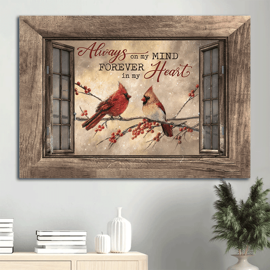 Heaven Landscape Canvas - Winter Painting, Cardinal Couple, Cranberry Tree, Memorial Canvas - Memorial Gift For Member Family - Always On My Mind Forever In My Heart