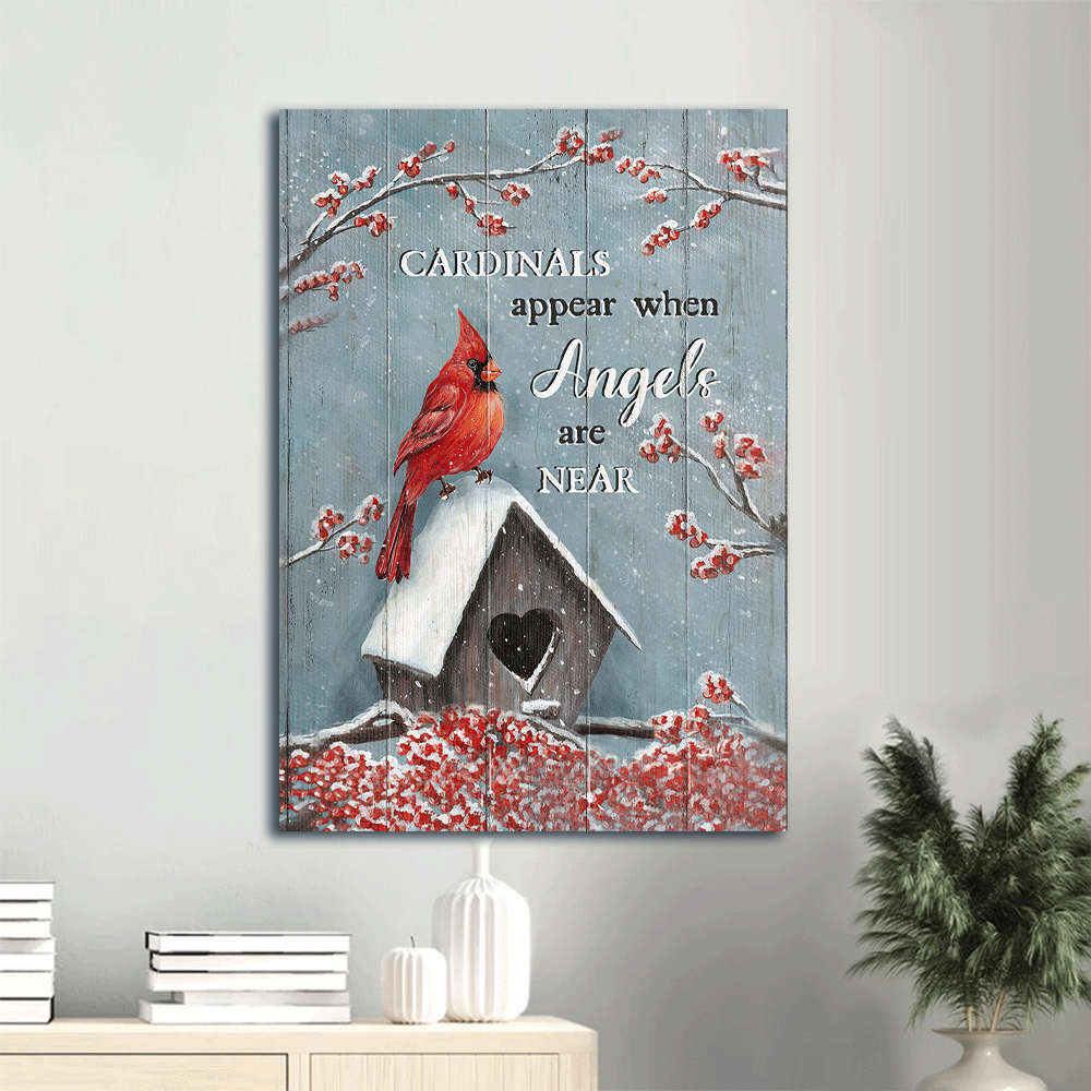 Heaven Portrait Canvas - Wooden Birdhouse, Red Cardinal, Memorial Canvas - Memorial Gift For Member Family - Cardinals Appear When Angels Are Near