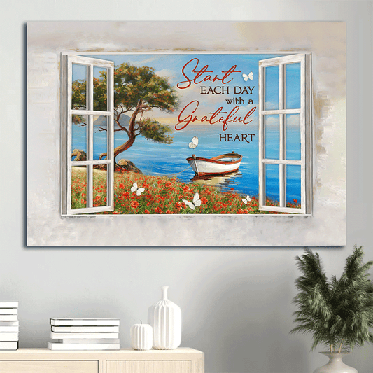 Jesus Landscape Canvas - Wooden Boat, Blue Ocean, Flower Field Canvas - Gift For Christian - Start Each Day With A Grateful Heart Canvas