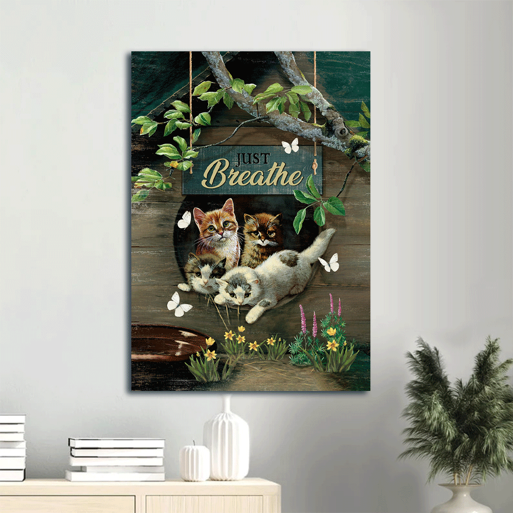 Jesus And Cat Portrait Canvas - Wooden Cat House, Adorable Kitten, Peaceful Garden Canvas - Gift For Christian, Cat Lovers - Just Breathe