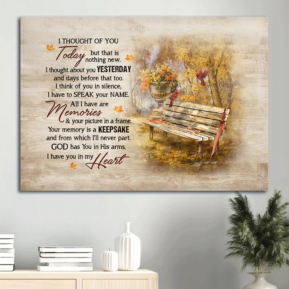 Heaven Landscape Canvas - Wooden Chair, Red Cardinal, Beautiful Autumn Park, Memorial Canvas - Memorial Gift For Member Family, Christian - I Thought Of You Today