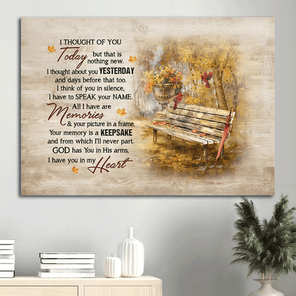 Heaven Landscape Canvas - Wooden Chair, Red Cardinal, Beautiful Autumn Park, Memorial Canvas - Memorial Gift For Member Family, Christian - I Thought Of You Today