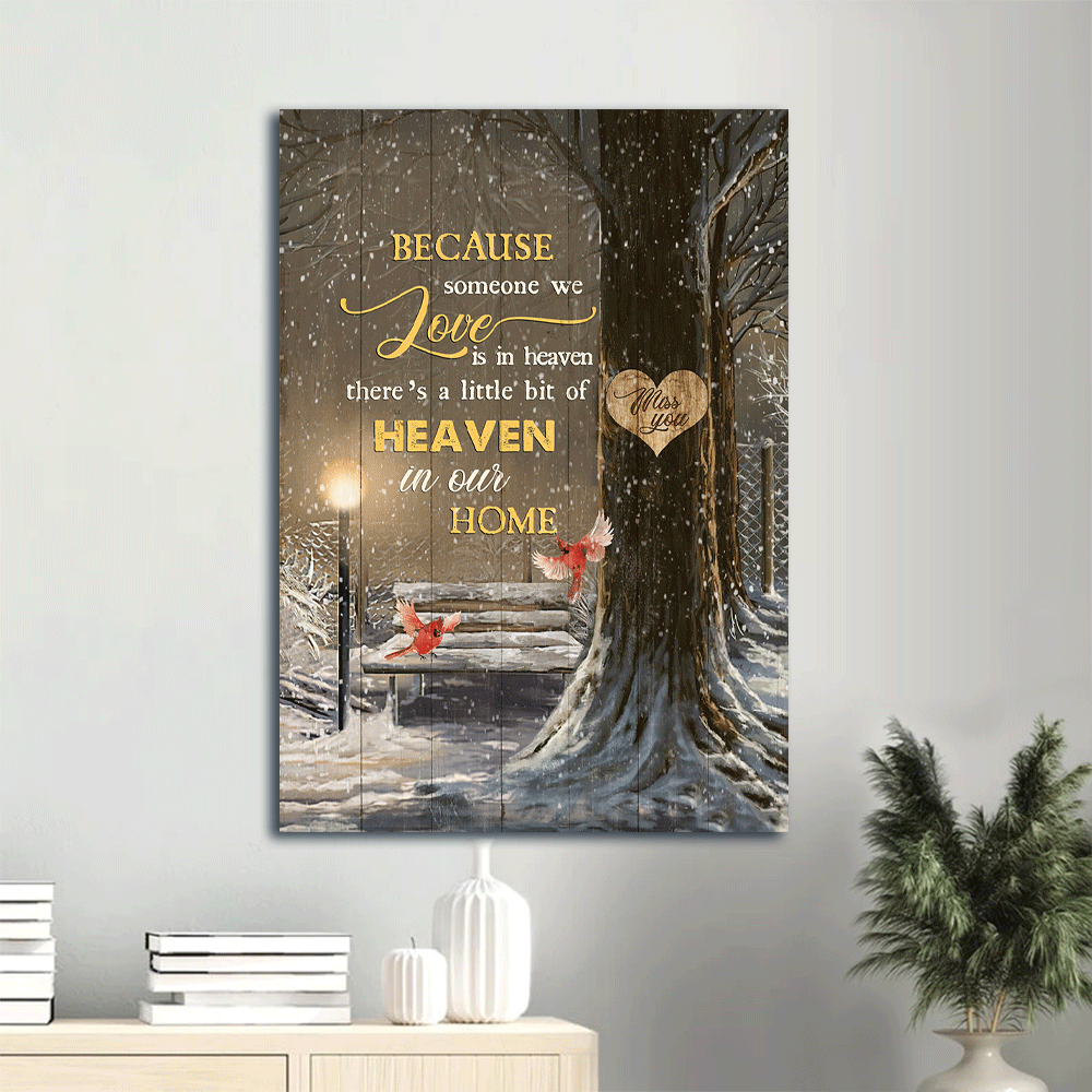 Heaven Portrait Canvas - Wooden Chair, Snow Park, Red Cardinal, Memorial Canvas - Memorial Gift For Member Family - There's A Little Bit Of Heaven In Our Home