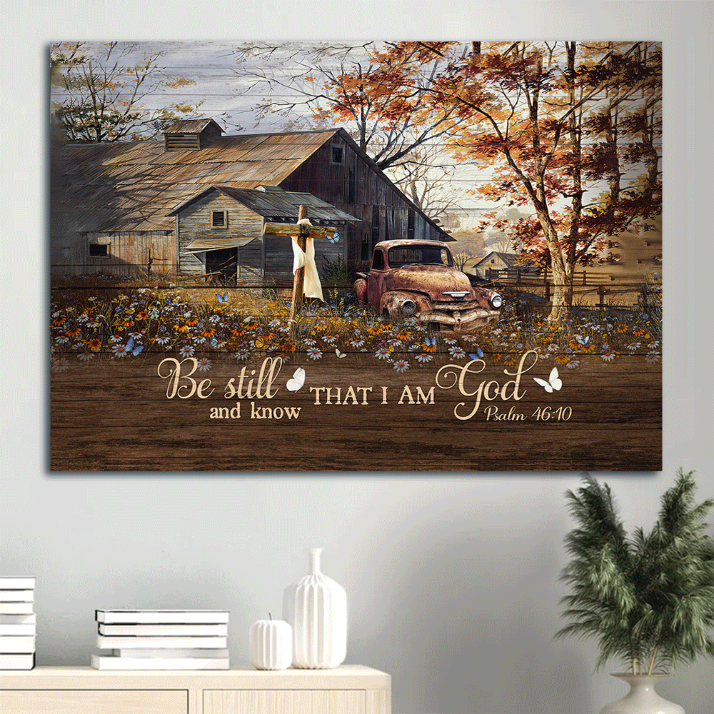 Jesus Landscape Canvas - Wooden House, Antique Ladybug Car, Daisy Field Canvas - Gift For Christian - Be Still And Know That I Am God