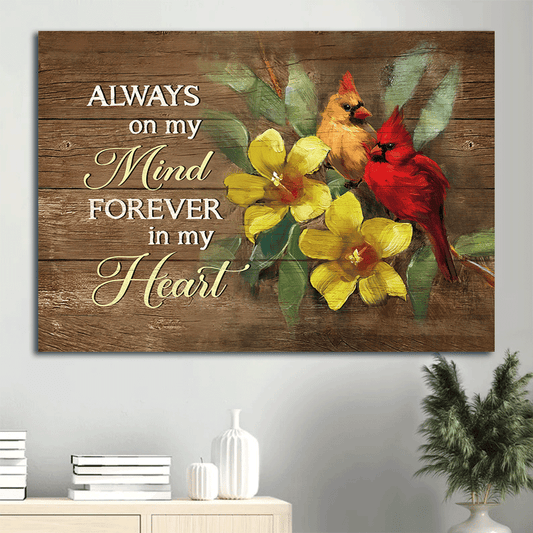 Heaven Landscape Canvas - Yellow Bell Flower, Watercolor Cardinal Memorial Canvas - Memorial Gift For Member Family - Always On My Mind