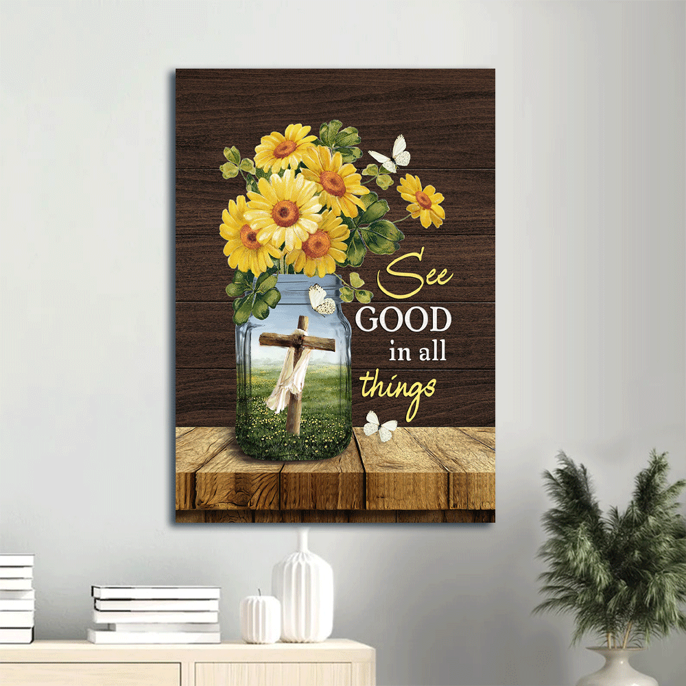 Jesus Portrait Canvas - Yellow daisy drawing, Pretty butterfly, Wooden cross Canvas - Gift For Christian - See good in all things