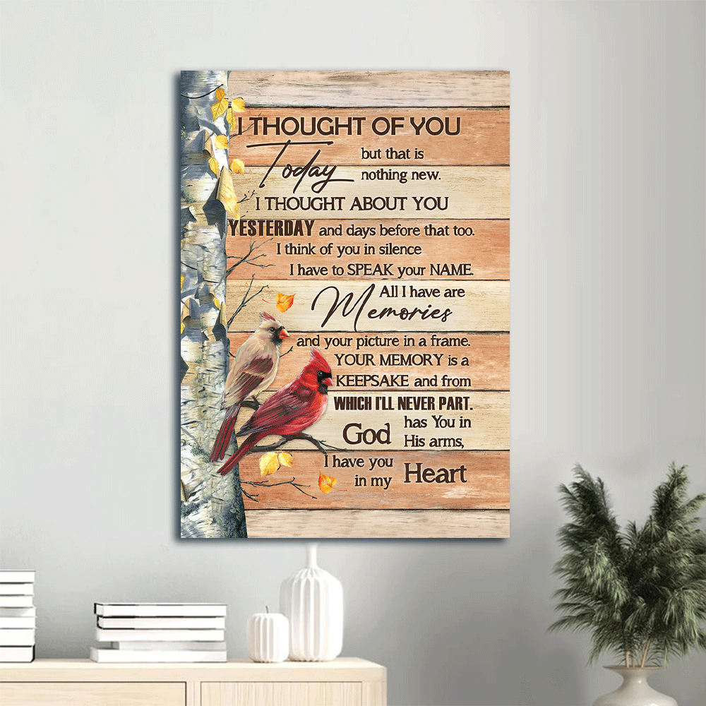 Heaven Portrait Canvas - Yellow Forest Painting, Cardinal Drawing, Memorial Canvas - Memorial Gift For Member Family - I Thought Of You Today