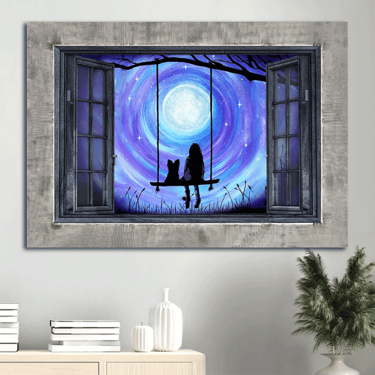 Yorkshire Terrier Dog Landscape Canvas - Yorkshire Terrier, Girl, Swing, Mystery Night, Window Frame Canvas - Gift For Yorkshire Terrier, Dog Lovers