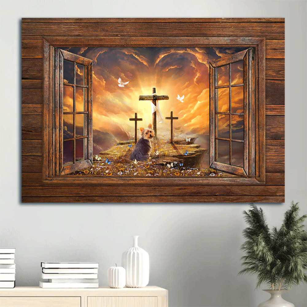 Yorkshire Terrier Dog Landscape Canvas - Yorkshire Terrier painting, Window frame, Sunset painting, Path to heaven, The three crosses, Jesus Landscape Canvas - - Gift for Yorkshire Terrier, Dog Lovers, Christian