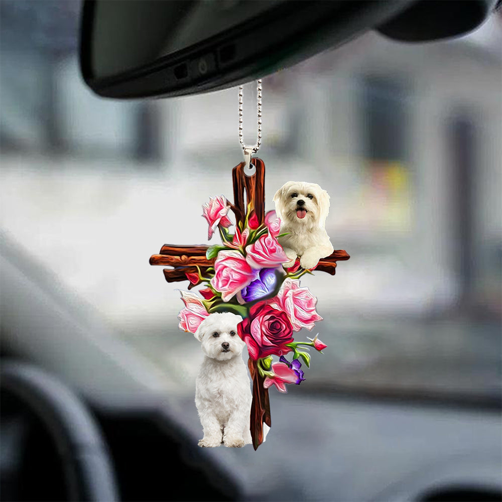Maltese Roses and Jesus Ornament - Dog Car Hanging Ornament - Gift For Dog Mom, Dog Lover, Dog Owner