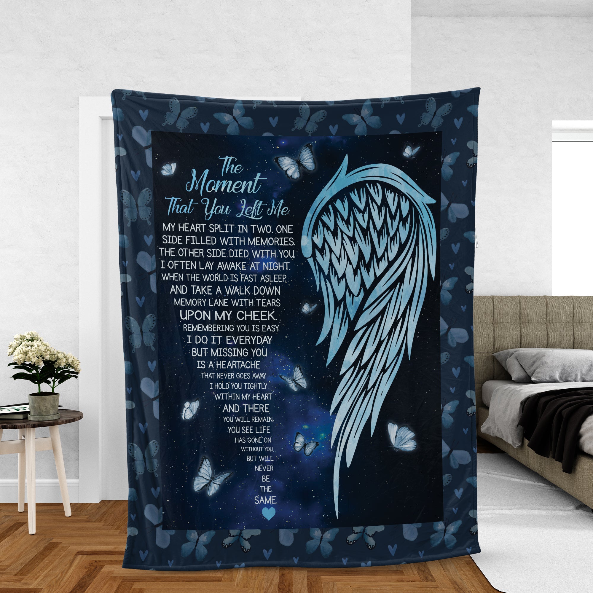 Memorial Blanket, Heaven Blanket, Angel Wings Blanket, Sympathy Gift, Remembrance Gift - Blue Butterfly, The Moment That You Left Me