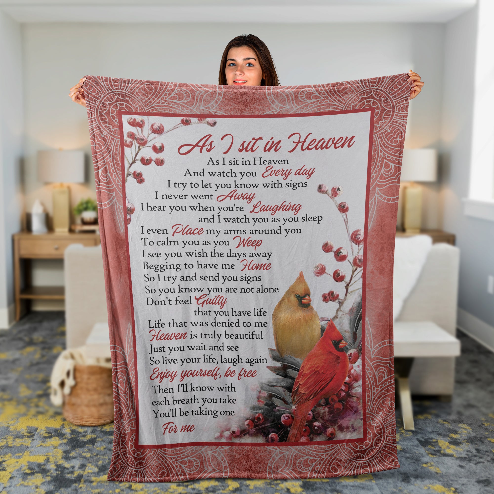 Memorial Blanket, Heaven Blanket, Cardinal Couple Blanket, Sympathy Gift, Remembrance Gift - Cranberry, Love Message, As I Sit In Heaven