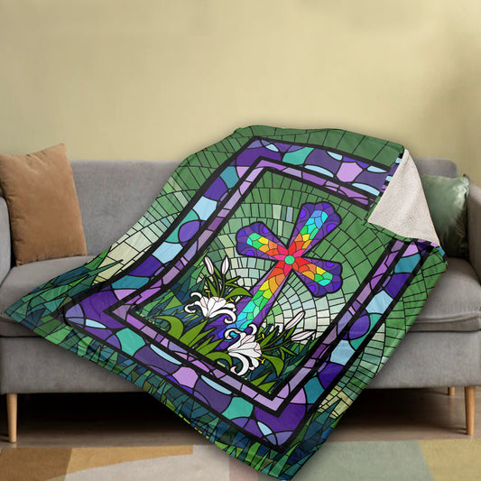 Christian Throw Blanket, Faith Blanket, Easter Day Blanket, Inspirational Gift - Colorful Cross, Watercolor Lily Flower, Green Meadow Land