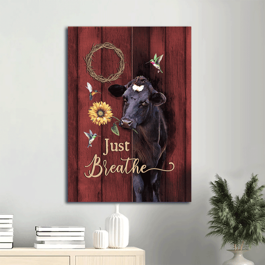 Jesus Portrait Canvas - Angus cow, Sunflower, Life on farm, Crown of thorns Portrait Canvas - Gift For Christian - Just breath