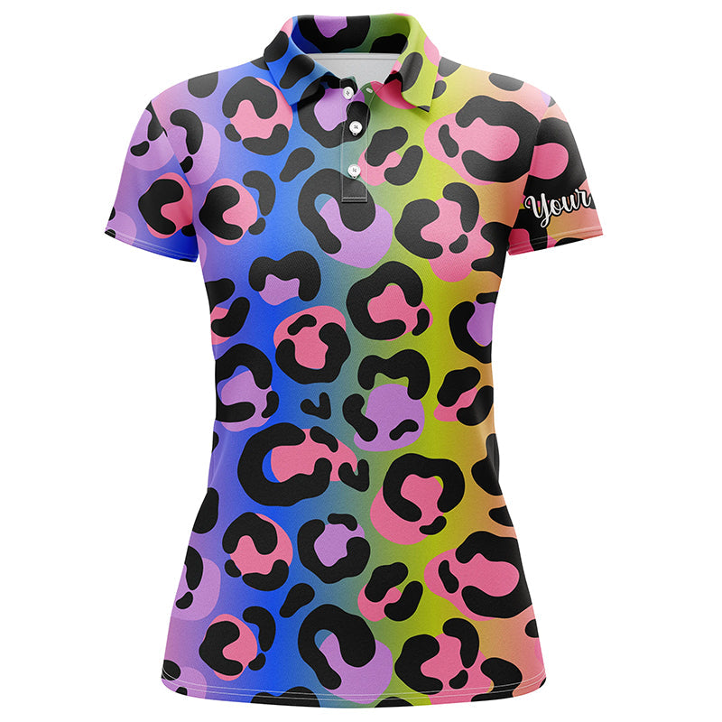 Neon Rainbow Leopard Womens Golf Polo Shirts Custom Name Gift For Golf Lovers