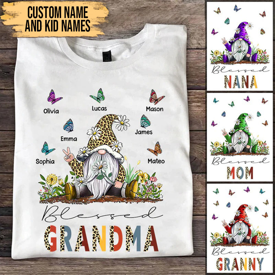 Grandma and Kids Custom Name T-shirt, Blessed Grandma Mom Gnome Butterfly Grandkids Personalized Shirt - Perfect Gift For Gigi, Nana, Mimi, Grandma