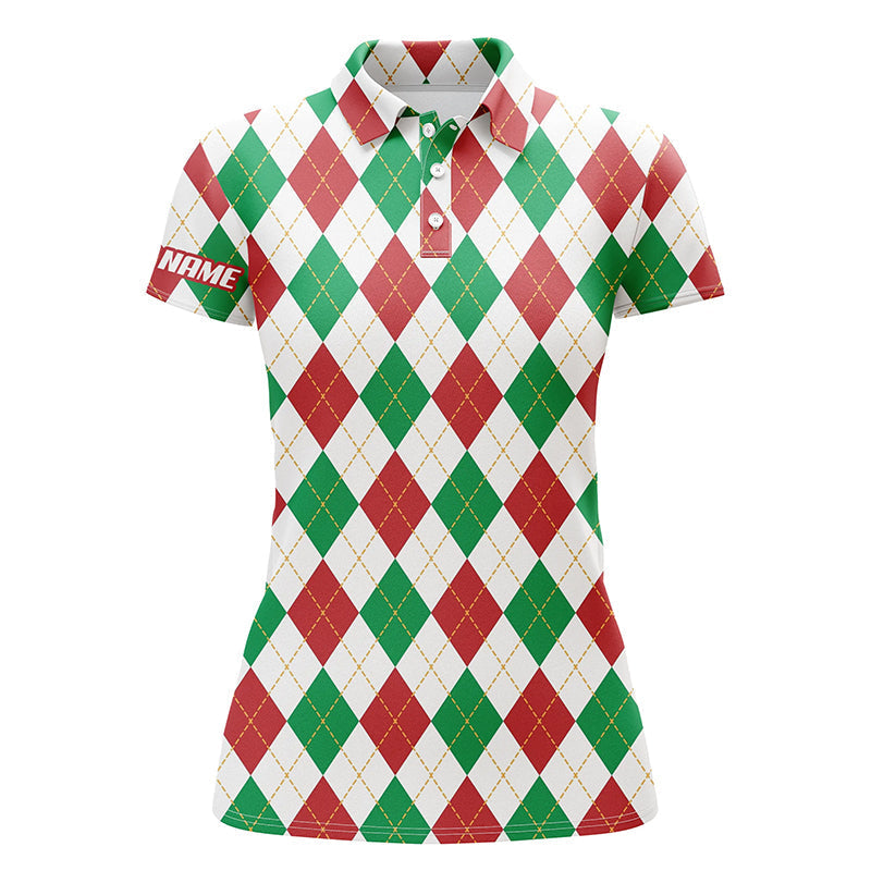 Personalized Christmas Plaid Argyle Pattern Womens Golf Polo Shirt Custom Team Golf Polo Shirts, Perfect Gift For Women