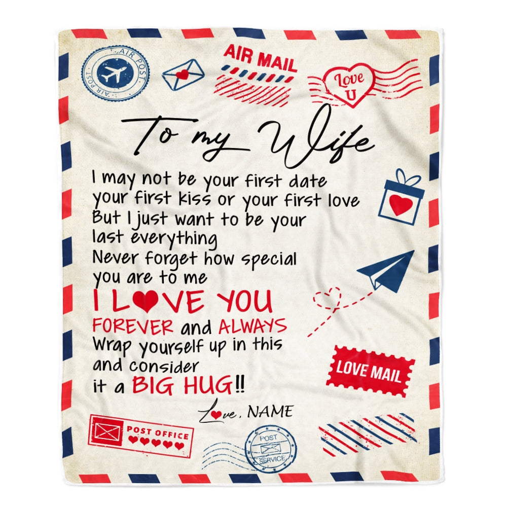 Gift For To Wife, Personalized To My Wife Blanket From Husband,Forever Always Airmail Letter Valentine Christmas Wedding Anniversary Customized Fleece Blanket