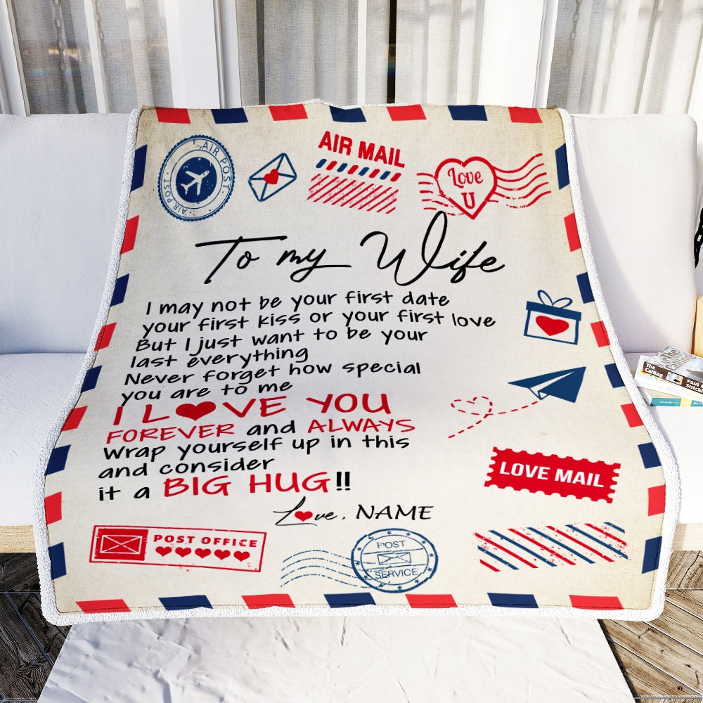 Gift For To Wife, Personalized To My Wife Blanket From Husband,Forever Always Airmail Letter Valentine Christmas Wedding Anniversary Customized Fleece Blanket