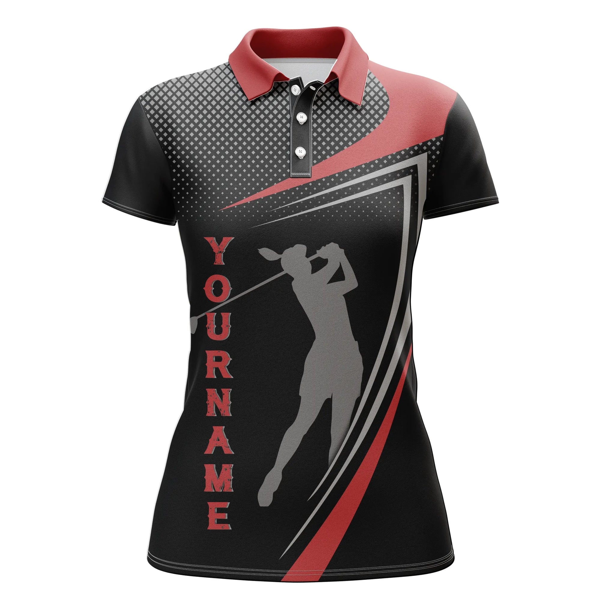 Personalized Red And Black Sports Golf Custom Polo Shirt, Golfer Silhouette Best Golf Shirt For Women