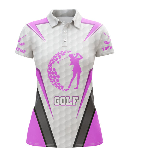 Pink White Women's Golf Polo T-shirts Custom Name Sports Golf Short Sleeve Shirt Quick Dry, Golf Gifts, Perfect Gift For Women