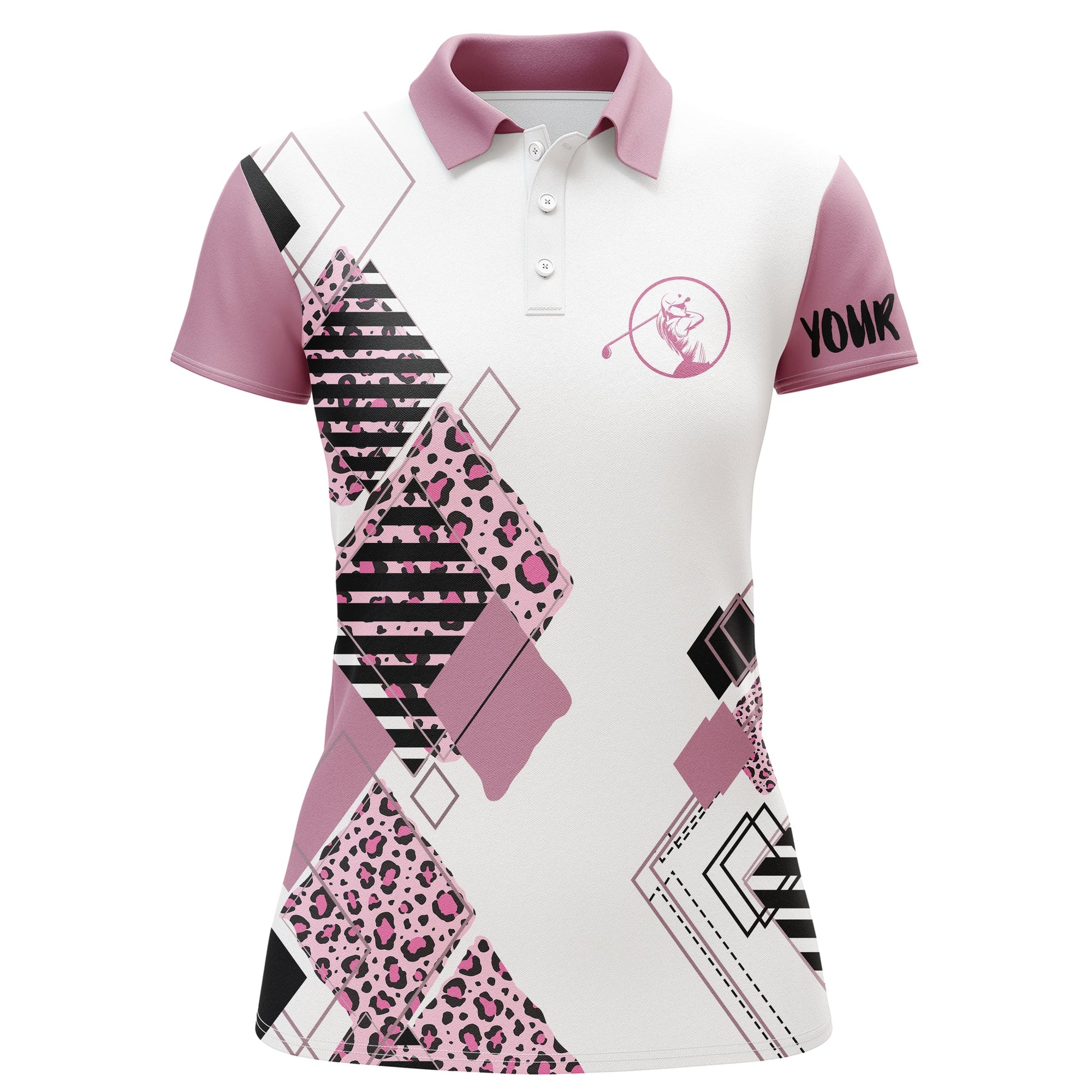 Pink Womens Golf Polo White Shirt Leopard Pattern Custom Name Golf Gift For Women