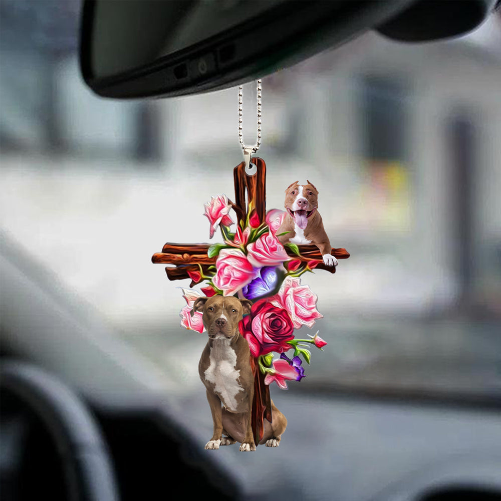 Pitbull Roses and Jesus Car Ornament - Dog Car Hanging Ornament - Gift For Dog Mom, Dog Lover, Dog Owner