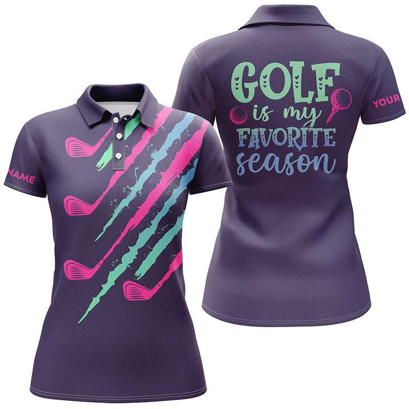 Purple Gradient Womens Golf Polo Shirt Custom Name Golf Is My Favorite Season, Golf Gifts For Women