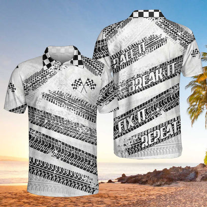 Race It Break It Fix It Short Sleeve Polo Shirt, Black And White Bike Tires Polo Shirt, Best Racing Shirt For Men
