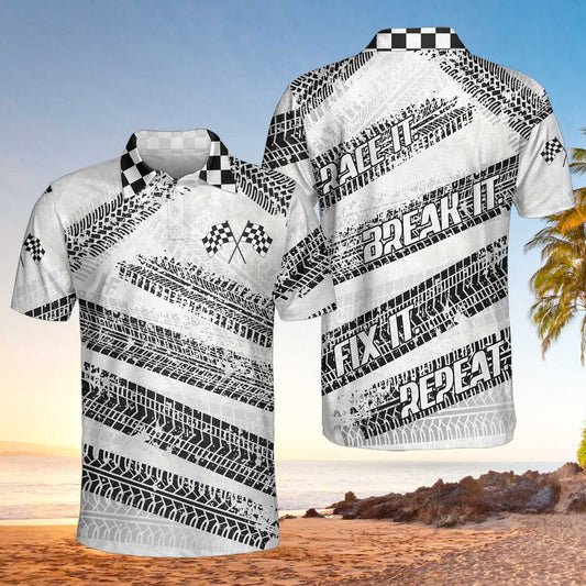 Race It Break It Fix It Short Sleeve Polo Shirt, Black And White Bike Tires Polo Shirt, Best Racing Shirt For Men