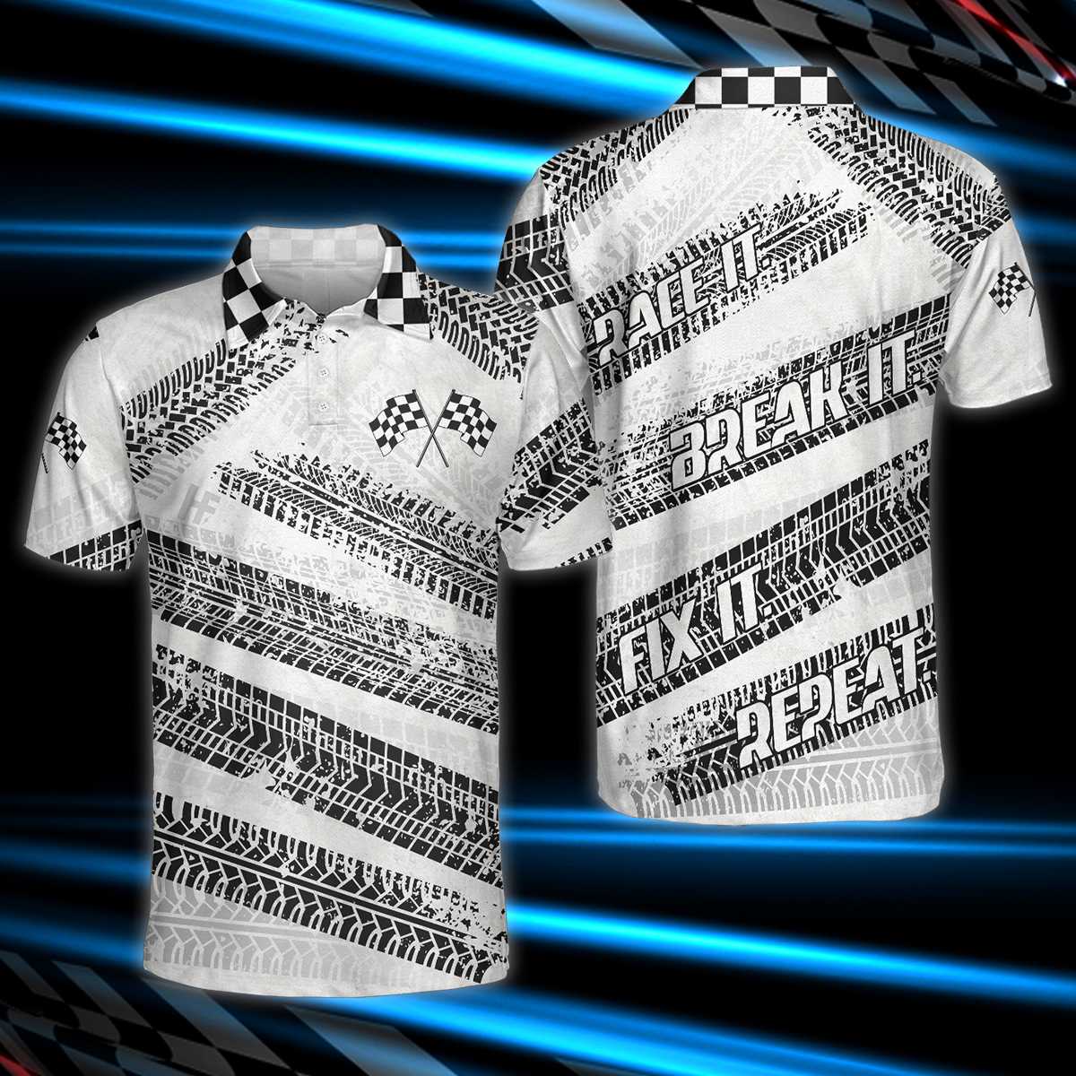 Race It Break It Fix It Short Sleeve Polo Shirt, Black And White Bike Tires Polo Shirt, Best Racing Shirt For Men