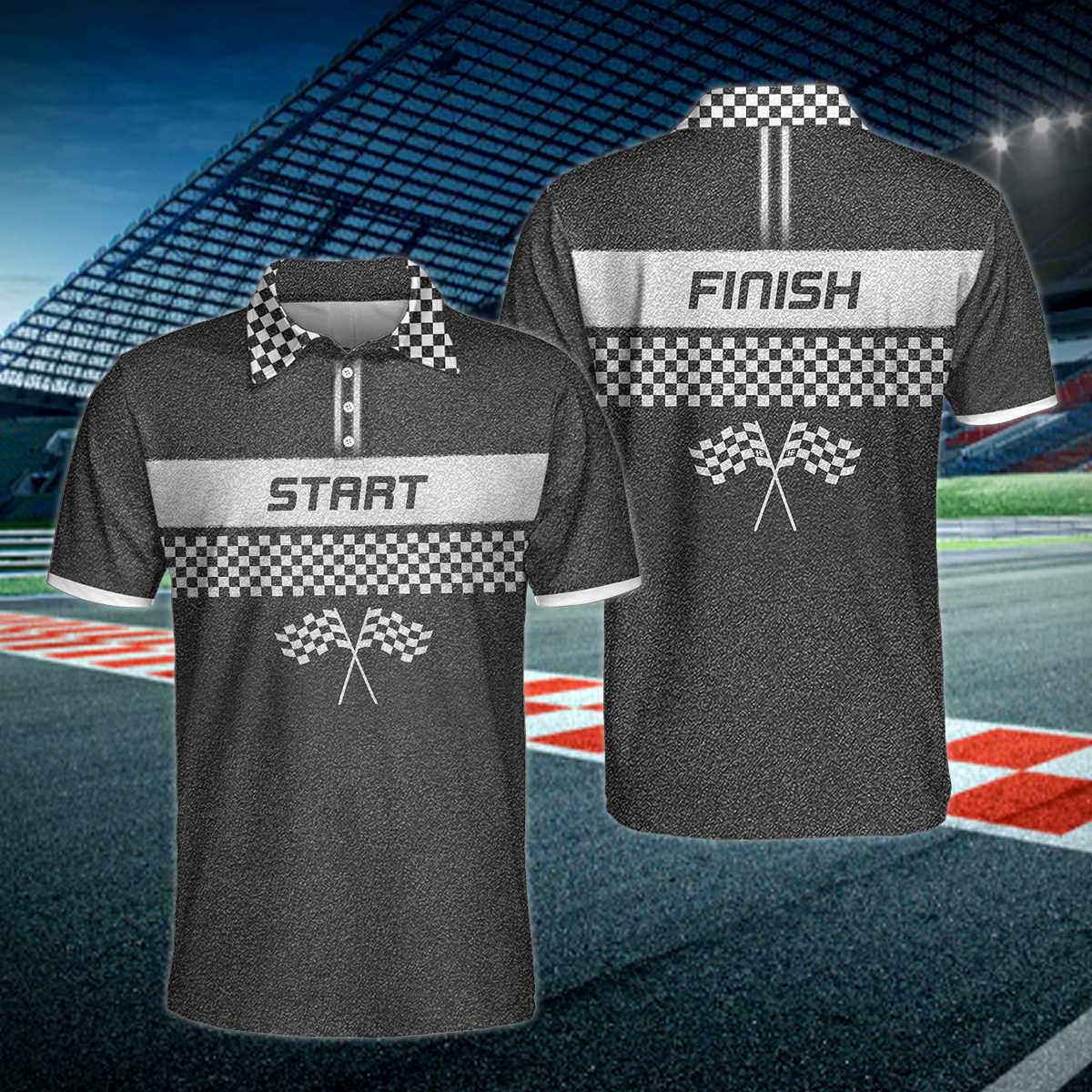 Racing Start And Finish Short Sleeve Polo Shirt, Black And White Checker Pattern Polo Shirt, Best Racing Shirt For Men