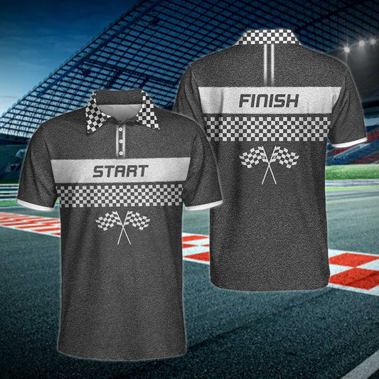 Racing Start And Finish Short Sleeve Polo Shirt, Black And White Checker Pattern Polo Shirt, Best Racing Shirt For Men