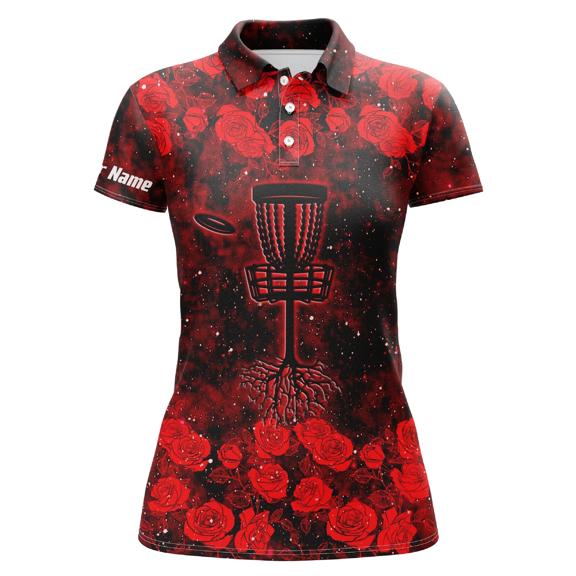 Red Roses Pattern Disc Golf Basket Women Polo Shirts Custom Name Disc Golf Polo Shirts For Women, Perfect Gift For Women