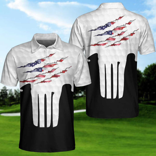 Ripped Skull American Flag Short Sleeve Men Polo Shirt, Golf Pattern Polo Shirt, Best Golf Shirt For Male